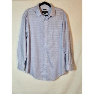 Jos A‎ Bank Dress Shirt Men's 17-34 Blue Plaid Cotton Spread Collar Wrinkle Free